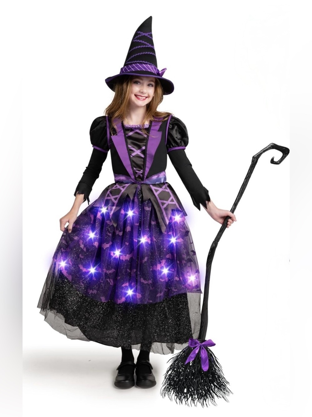Halloween Witch Costume Light Up Dress with Hat and Broom size small